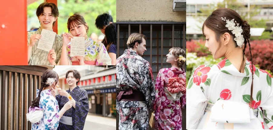 着物姿で鎌倉を楽しむカップルや華やかなヘアセットの様子