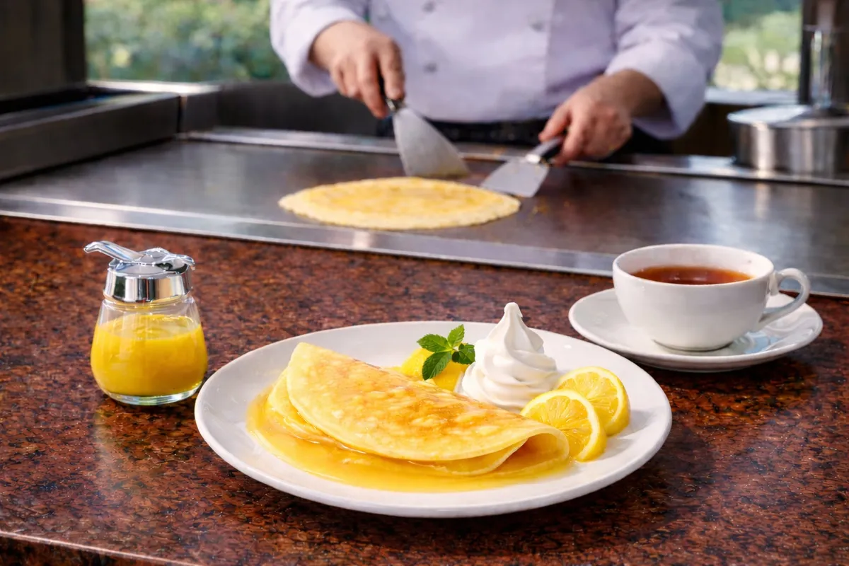 鉄板の上で焼き上げられるクレープとオレンジソース