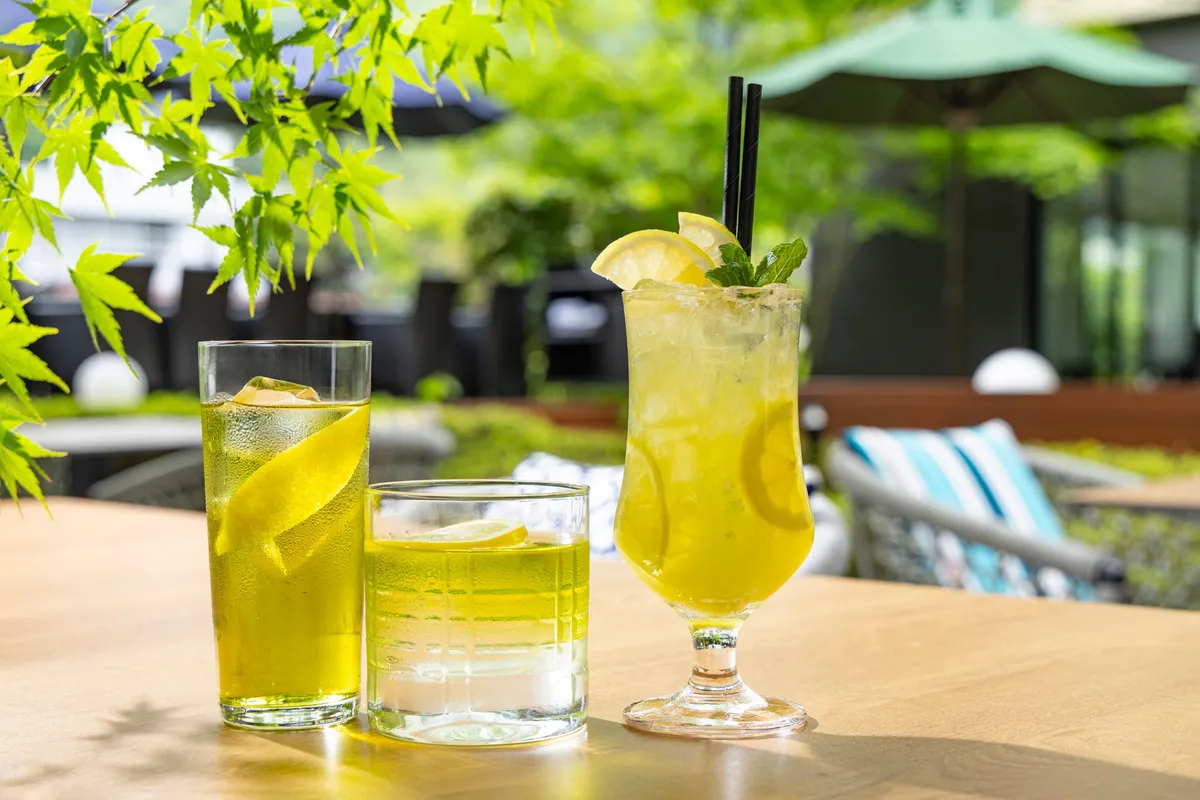 初夏の光に照らされる鮮やかなグリーンの抹茶カクテル