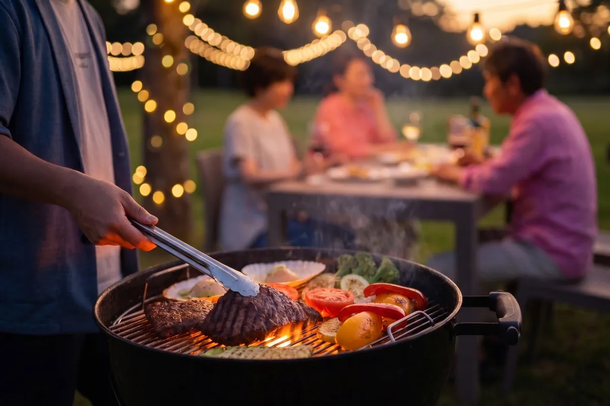 ライトアップされた夜のガーデンで肉を焼く様子