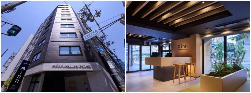 青空に映えるホテル外観とレセプションカウンター