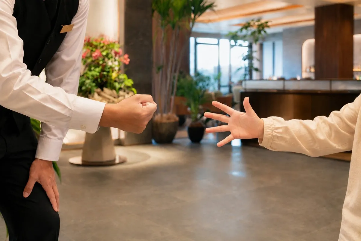 スタッフとじゃんけんをする子供の手元