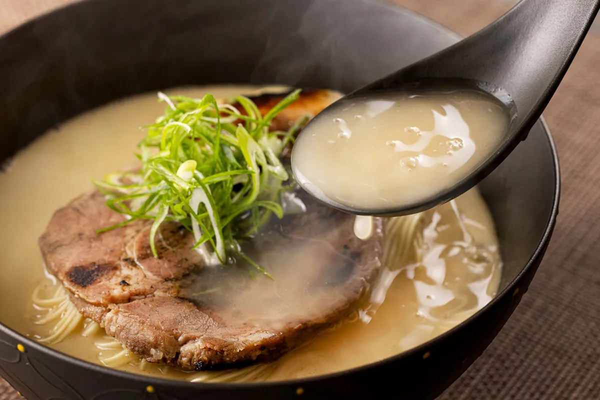 レンゲで掬い上げた濃厚でクリーミーな鶏白湯スープ