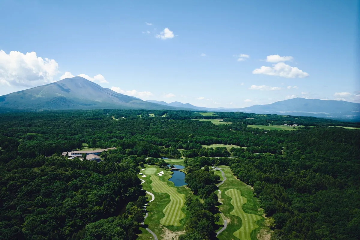 上空から見渡す浅間山と緑の絶景