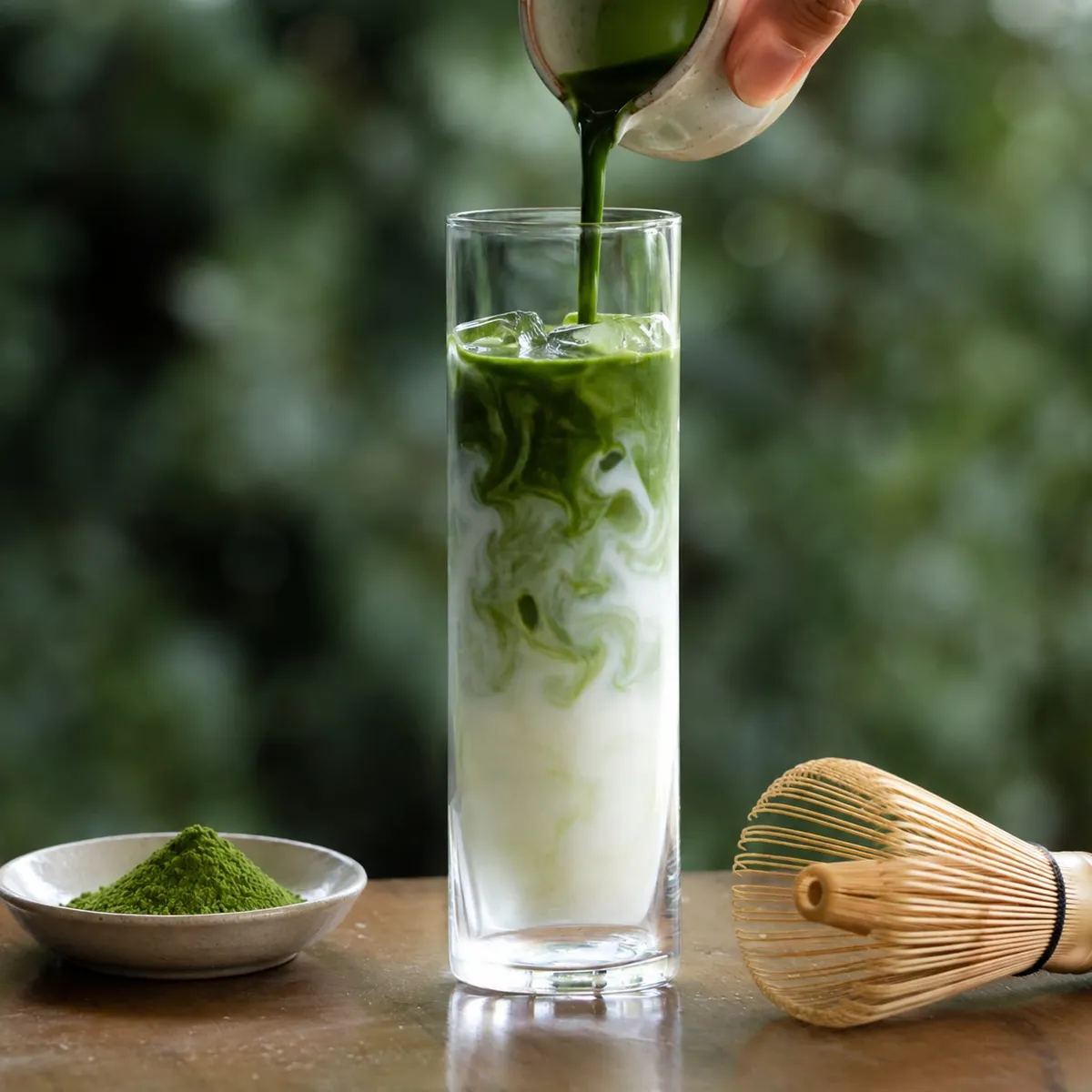 抹茶ラテを注ぐ様子